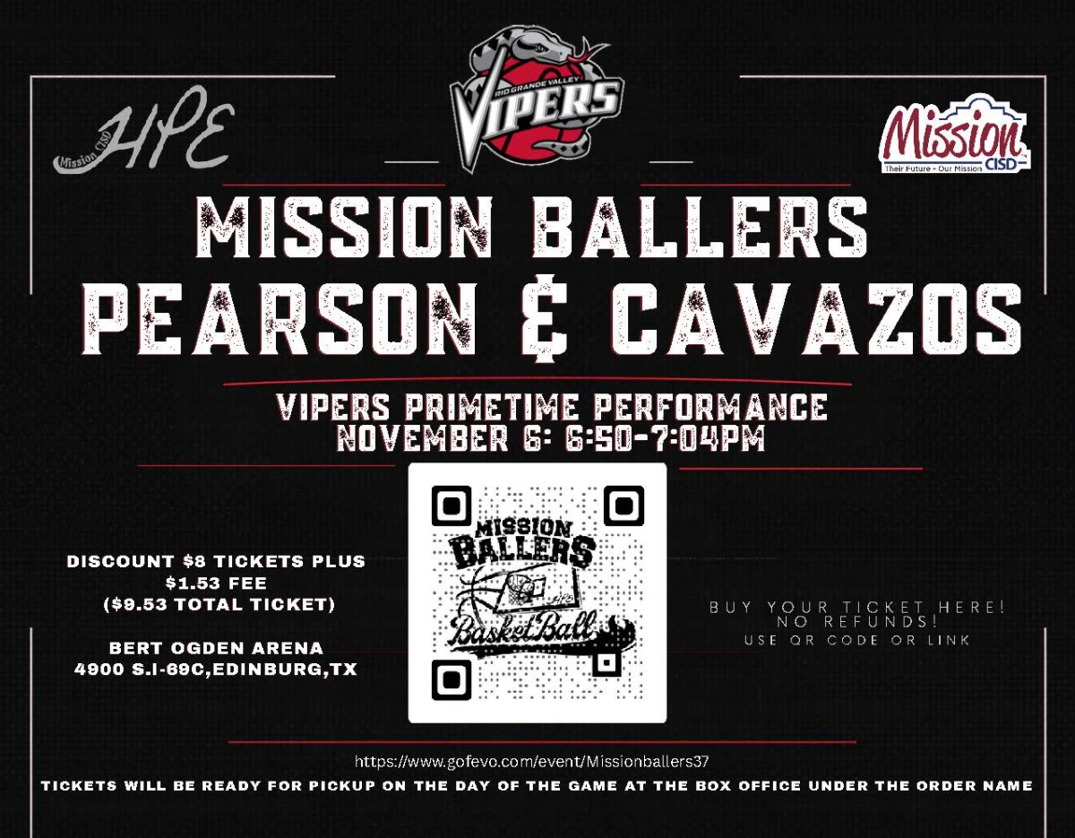 Promotional graphic for Mission Ballers Pearson and Cavazos performance at RGV Vipers game on November 6. Event and ticket details are provided in the text below.
